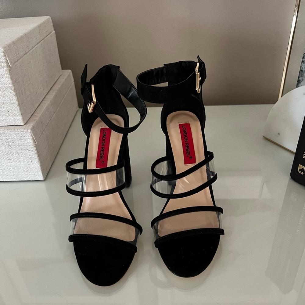 London Rebel black heel with strap